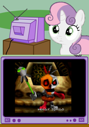 Size: 564x800 | Tagged: safe, sweetie belle, sweetie bot, pony, robot, robot pony, unicorn, banjo kazooie, exploitable meme, female, filly, foal, horn, mingy jongo, tv meme