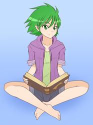 Size: 1280x1713 | Tagged: safe, artist:jonfawkes, spike, human, barefoot, book, clothes, crossed legs, cute, feet, hoodie, humanized, looking at you, quickdraw, shorts, smiling, solo, spikabetes