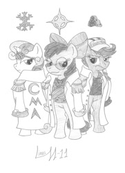 Size: 952x1315 | Tagged: safe, artist:limpurtikles, apple bloom, scootaloo, sweetie belle, akainu, aokiji, cutie mark crusaders, kizaru, monochrome, one piece, parody, traditional art