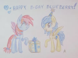 Size: 1024x768 | Tagged: safe, artist:kyaokay, oc, oc only, oc:blueberry blitz, oc:headlong, pegasus, pony, birthday, happy birthday, hat, heart, party, party hat, present