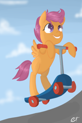 Size: 400x600 | Tagged: safe, artist:sugarysurprise, scootaloo, pegasus, female, filly, orange coat, purple mane, scooter, solo