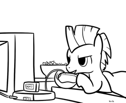 Size: 871x709 | Tagged: safe, artist:nasse, thunderlane, bed, monochrome, solo, television, video game