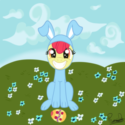 Size: 1250x1250 | Tagged: safe, artist:phoenixdash, apple bloom, bunny bloom, bunny costume, clothes, easter, easter egg, flower, smiling