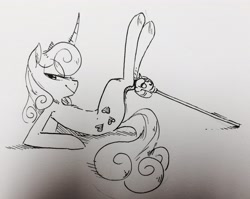 Size: 2899x2307 | Tagged: safe, artist:glacierclear, lemon hearts, semi-anthro, /mlp/, bedroom eyes, drawthread, legs in air, looking at you, monochrome, on back, smiling, solo, traditional art, twilight scepter