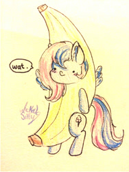 Size: 540x720 | Tagged: safe, artist:wickedsilly, oc, oc only, oc:fairy floss, banana, banana suit, solo, wat