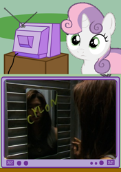 Size: 564x800 | Tagged: safe, sweetie belle, sweetie bot, pony, robot, robot pony, unicorn, battlestar galactica, boomer, cylon, exploitable meme, female, filly, foal, horn, text, tomato in the mirror, tv meme