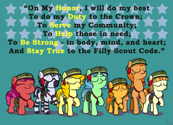 Size: 1105x800 | Tagged: safe, artist:aa, tag-a-long, oc, oc:berry munch, oc:do-si-do, oc:dulce deleche, oc:samoa, oc:savannah smile, oc:trefoil, ask, ask a filly scout, filly guides