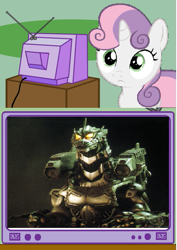 Size: 425x600 | Tagged: safe, sweetie belle, sweetie bot, pony, robot, robot pony, unicorn, exploitable meme, female, filly, foal, godzilla (series), hooves, horn, kiryu (godzilla series), mechagodzilla, tv meme