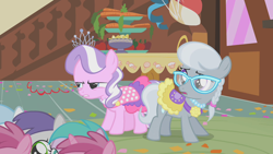 Size: 1280x720 | Tagged: safe, screencap, aura (character), cotton cloudy, diamond tiara, ruby pinch, silver spoon, tornado bolt, call of the cutie, angry, coronet clover, glasses