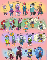 Size: 1171x1500 | Tagged: safe, artist:kaemantis, apple bloom, diamond tiara, dinky hooves, featherweight, pipsqueak, pound cake, pumpkin cake, ruby pinch, rumble, scootaloo, shady daze, silver spoon, snails, snips, sweetie belle, truffle shuffle, twist, zippoorwhill, oc, oc:aerial ace, oc:highjump kick, oc:smokescreen, oc:zen headbutt, anthro, unguligrade anthro, comic:junior gala, clothes, cutie mark, cutie mark crusaders, dinkysqueak, female, filly, gradient background, i'm with stupid, male, pokémon, shipping, skirt, straight