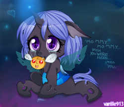 Size: 1280x1113 | Tagged: safe, artist:spookyle, oc, oc only, changeling, nymph, parasprite, blue changeling, crying, foal, orphan, plushie