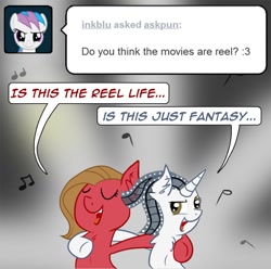 Size: 805x800 | Tagged: safe, artist:cerko, oc, oc only, oc:movie slate, oc:pun, pony, ask, ask pun, bohemian rhapsody, duet, female, mare, musical number in the comments, pun, queen (band), singing, song reference, tumblr