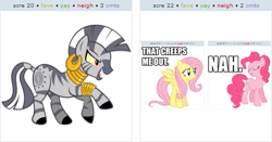 Size: 519x272 | Tagged: safe, derpibooru import, fluttershy, pinkie pie, zecora, earth pony, pegasus, pony, zebra, derpibooru, evil enchantress, exploitable meme, juxtaposition, juxtaposition win, juxtaposition winception, nah