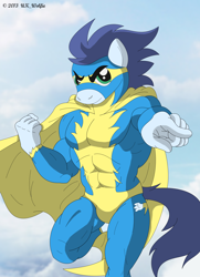 Size: 1920x2657 | Tagged: safe, artist:wolfiedanno, soarin', anthro, flying, hero, muscles, soaripped, solo, superhero, wonderbolts, wonderbolts uniform