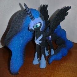 Size: 773x768 | Tagged: dead source, safe, nightmare moon, alicorn, pony, female, helmet, hoof shoes, jewelry, mare, peytral, photo, plushie, regalia, shapeways, solo, spread wings, wings