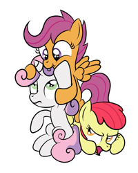 Size: 800x1000 | Tagged: safe, artist:newlunaticrepublic, apple bloom, scootaloo, sweetie belle, apple bloom is not amused, cutie mark crusaders, nom, this will end in angry countryisms, tower of pony, unamused