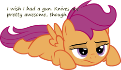 Size: 1400x804 | Tagged: safe, artist:redpandapony, edit, scootaloo, ponyville confidential, bored, gun, insane pony thread, knife