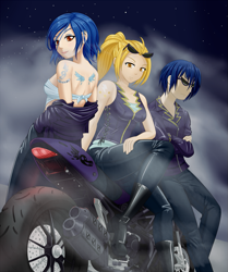 Size: 753x900 | Tagged: safe, artist:dstears, lightning dust, nightshade, biker, humanized, motorcycle, shadowbolts