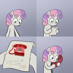 Size: 2000x2000 | Tagged: safe, sweetie belle, pony, unicorn, bipedal, call me for a good time, exploitable meme, female, filly, gradient background, hoof hold, horn, letter, meme, paper, solo, sweetie's note meme, two toned hair, white coat