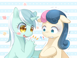 Size: 660x499 | Tagged: safe, artist:tsurukinoki, bon bon, lyra heartstrings, sweetie drops, blushing, bon bon is not amused, do not want, fingers, floppy ears, hand, happy, hoof fingers, scared, trembling, varying degrees of amusement, varying degrees of want