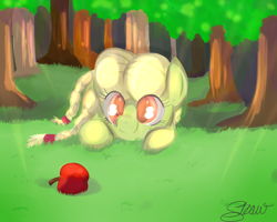 Size: 2500x2000 | Tagged: safe, artist:strabarybrick, granny smith, apple, cute, eyes on the prize, grass, prone, smiling, solo, tree, younger