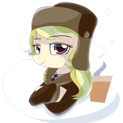 Size: 1000x1000 | Tagged: safe, artist:puetsua, march gustysnows, bust, clothes, coat, crossed arms, cup, cutie mark, delegate, hat, portrait, solo, ushanka