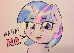 Size: 2500x1801 | Tagged: safe, artist:captainpudgemuffin, twilight sparkle, pony, unicorn, alternate hairstyle, female, fluffy, haha no, looking at you, no, open mouth, reaction image, short mane, smiling, solo, traditional art