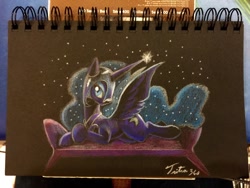 Size: 1280x960 | Tagged: safe, artist:tsitra360, nightmare moon, commission, looking at you, prone, solo, spread wings, traditional art
