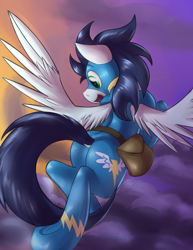 Size: 1210x1565 | Tagged: safe, artist:dripponi, artist:lattynskit, soarin', pony, cute, flying, plot, saddle bag, soarinbetes, solo, underhoof, wings, wonderbolts, wonderbolts uniform