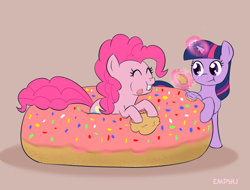 Size: 1000x760 | Tagged: safe, artist:empyu, derpibooru import, pinkie pie, twilight sparkle, twilight sparkle (alicorn), alicorn, earth pony, pony, 30 minute art challenge, :t, donut, eating, eyes closed, female, grin, happy, magic, mare, messy eating, smiling, telekinesis, this will end in weight gain