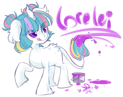 Size: 1071x851 | Tagged: safe, artist:clovercoin, artist:starlightlore, oc, oc only, oc:lorelei, classical unicorn, leonine tail, paint, prehensile tail, solo, writing