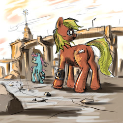 Size: 1000x1000 | Tagged: safe, artist:agm, oc, oc only, earth pony, pony, fallout equestria, blind, equestrian wasteland, manehattan, pipbuck, ruins, sad, wasteland