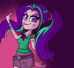 Size: 1300x1200 | Tagged: safe, artist:wubcakeva, aria blaze, equestria girls, clothes, female, fuck you, human counterpart, middle finger, midriff, piercing, solo, tanktop, tongue out, tongue piercing, vulgar