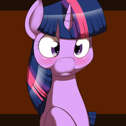 Size: 900x900 | Tagged: safe, artist:kloudmutt, edit, twilight sparkle, adorkable, blushing, cross-eyed, cute, dork, shiny, smiling, solo