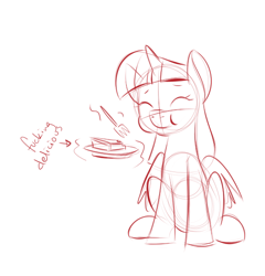 Size: 538x561 | Tagged: safe, artist:goat train, twilight sparkle, twilight sparkle (alicorn), alicorn, pony, cheesecake, cute, eating, female, mare, monochrome, sketch, solo, they're just so cheesy, this will not end well, vulgar