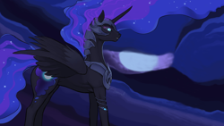 Size: 2560x1441 | Tagged: safe, artist:arareroll, edit, nightmare moon, armor, black sclera, explicit source, eyelashes, fangs, frown, sfw edit, solo, spread wings, wide eyes