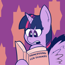 Size: 2400x2400 | Tagged: safe, artist:pembroke, twilight sparkle, twilight sparkle (alicorn), alicorn, pony, book, female, for dummies, mare, reading, solo