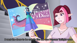 Size: 1280x720 | Tagged: safe, artist:jonfawkes, cayenne, twilight sparkle, human, canterlot boutique, clothes, dialogue, dress, elf ears, humanized, magazine, necklace, open mouth, princess dress, scene interpretation, smiling, solo, unicorns as elves, waving