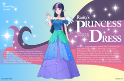 Size: 1280x836 | Tagged: safe, artist:jonfawkes, twilight sparkle, twilight sparkle (alicorn), alicorn, human, canterlot boutique, clothes, dialogue, dress, elf ears, humanized, magazine, princess dress, scene interpretation, smiling, solo, unicorns as elves, waving