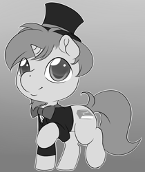 Size: 858x1021 | Tagged: safe, artist:camychan, oc, oc only, pony, unicorn, bowtie, clothes, cute, hat, monochrome, solo, suit, top hat