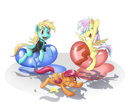 Size: 540x446 | Tagged: safe, artist:nauth, oc, oc only, oc:brittani stripes, oc:confetti, oc:sky popper, earth pony, pegasus, pony, balloon, balloon fetish, balloon popping, brittani stripes, confetti, sky popper, that pony sure does love balloons