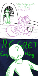 Size: 600x1200 | Tagged: safe, artist:slamjam, twilight sparkle, oc, oc:anon, human, 2 panel comic, 4chan, anon in equestria, anonymous, comic, computer, i regret everything, reality ensues, regret