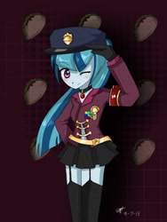 Size: 900x1200 | Tagged: safe, artist:lunarsolstice123, sonata dusk, equestria girls, blushing, clothes, military uniform, salute, skirt, solo, sonataco, stockings, taco, uniform, wink, zettai ryouiki