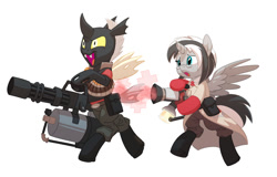 Size: 1170x750 | Tagged: safe, artist:carnifex, oc, oc only, oc:doctiry, oc:platan, alicorn, changeling, pony, :o, alicorn oc, bipedal, broken horn, brown changeling, changeling oc, crossover, heavy weapons guy, hoof hold, medic, medigun, minigun, open mouth, platiry, smiling, spread wings, team fortress 2, wide eyes, yellow changeling