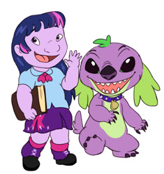 Size: 935x996 | Tagged: safe, artist:audrarius, spike, twilight sparkle, human, equestria girls, book, disney, humanized, lilo and stitch, style emulation, wat