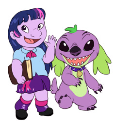 Size: 935x996 | Tagged: safe, artist:audrarius, edit, spike, twilight sparkle, human, equestria girls, book, crossover, disney, humanized, lilo and stitch, style emulation