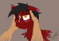 Size: 3035x2149 | Tagged: safe, artist:kassc, oc, oc only, oc:losian, earth pony, human, pony, :3, bedroom eyes, blushing, cute, ear blush, floppy ears, freckles, hand, human on pony snuggling, looking at you, male, maroon, petting, smiling, snuggling, stallion, wink