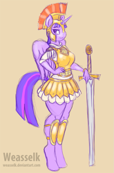 Size: 661x1000 | Tagged: safe, artist:weasselk, twilight sparkle, twilight sparkle (alicorn), alicorn, anthro, unguligrade anthro, scare master, armor, armor skirt, athena sparkle, bedroom eyes, clothes, costume, doodle, female, greatsword, greaves, helmet, looking at you, mare, roman centurion, skirt, solo, sword, weapon