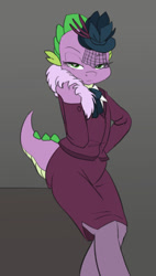 Size: 555x980 | Tagged: safe, artist:carnifex, barb, spike, dragon, rarity investigates, clothes, female, rule 63, solo