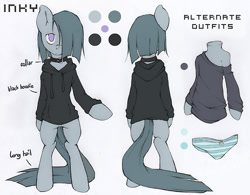 Size: 500x389 | Tagged: source needed, safe, artist:lonelycross, marble pie, earth pony, pony, semi-anthro, bipedal, blue underwear, clothes, collar, female, hoodie, lonely inky, mare, panties, reference sheet, ribbon, solo, striped underwear, underwear
